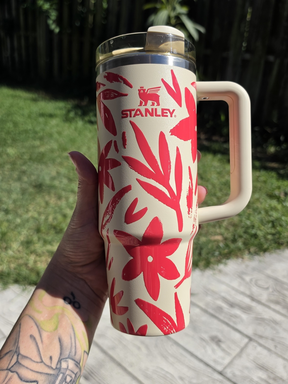 Stanley Cream Travel Tumbler with Red Floral Pattern and Handle